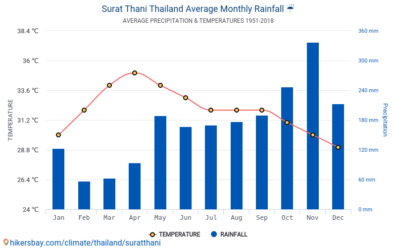 スラタニ タイ王国 でのデータ テーブルおよびグラフ月間および年間気候条件