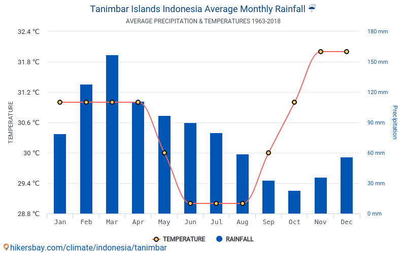 タニンバル諸島 インドネシア でのデータ テーブルおよびグラフ月間および年間気候条件