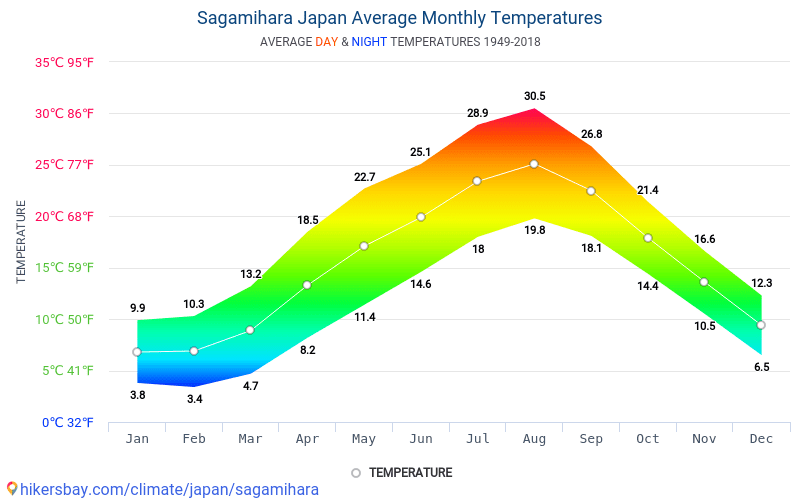 相模原市 日本 でのデータ テーブルおよびグラフ月間および年間気候条件