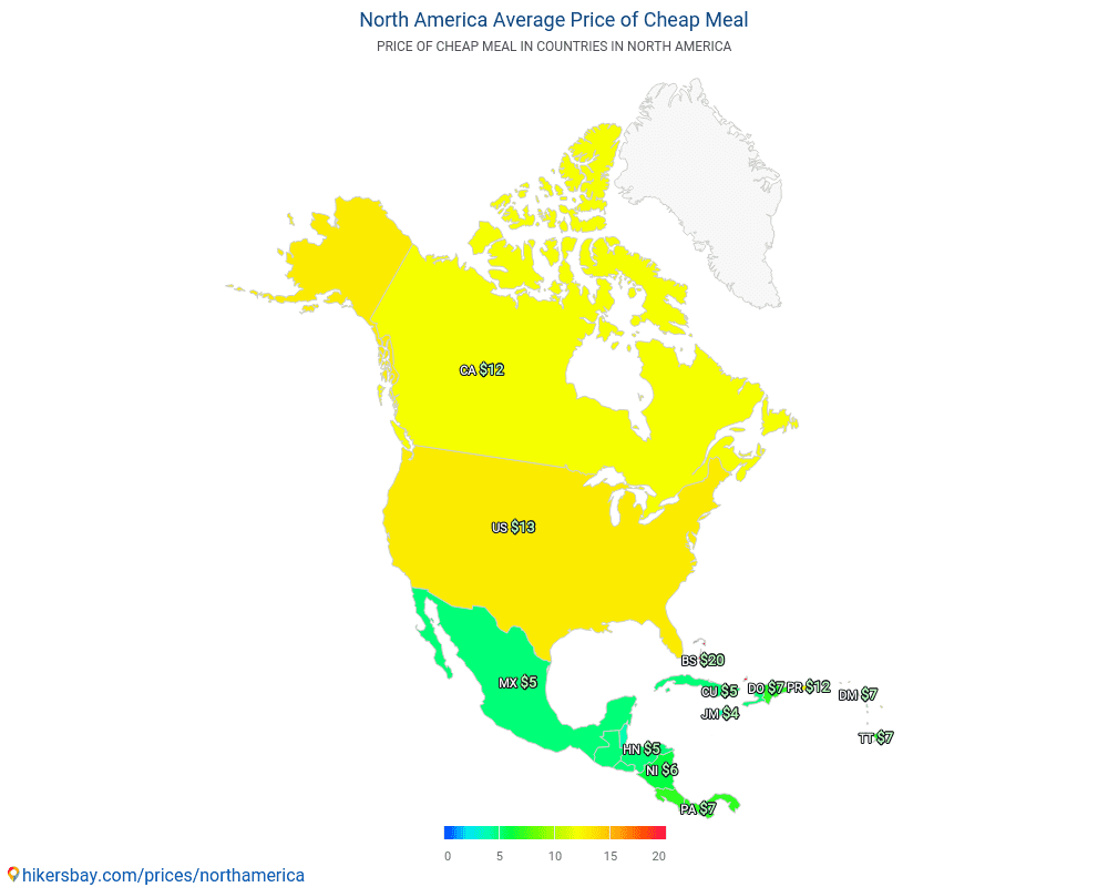América do Norte - Quanto custa uma refeição barata em América do Norte?