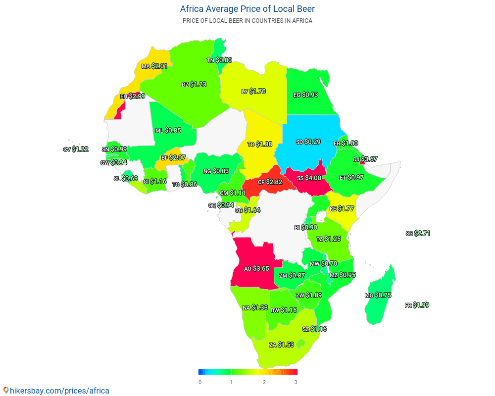 ทวีปแอฟริกา - ราคาเฉลี่ยของเบียร์ใน ทวีปแอฟริกา