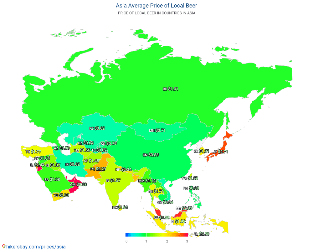 एशिया - एशिया में बीयर की औसत कीमत
