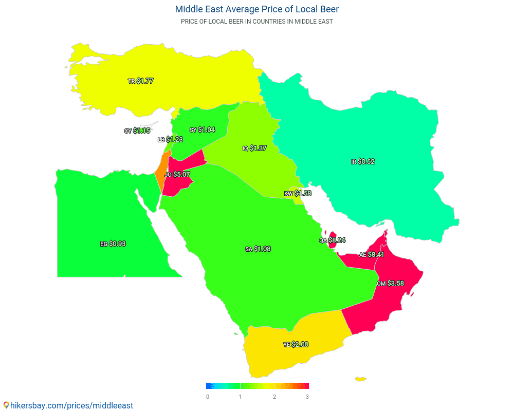 मध्य पूर्व - मध्य पूर्व में बीयर की औसत कीमत
