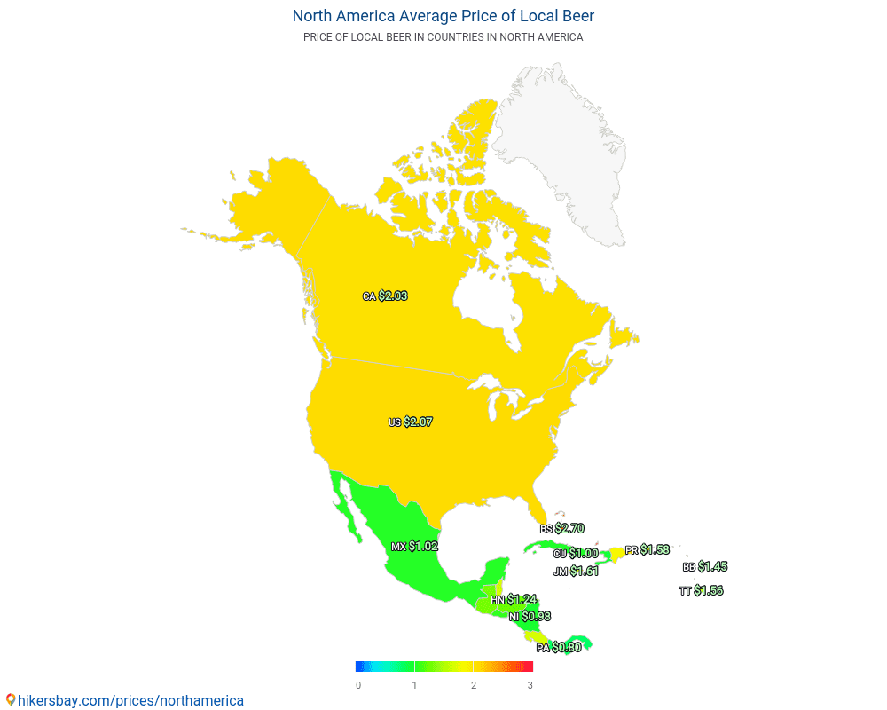 Βόρεια Αμερική - Μέση τιμή της μπύρας σε Βόρεια Αμερική