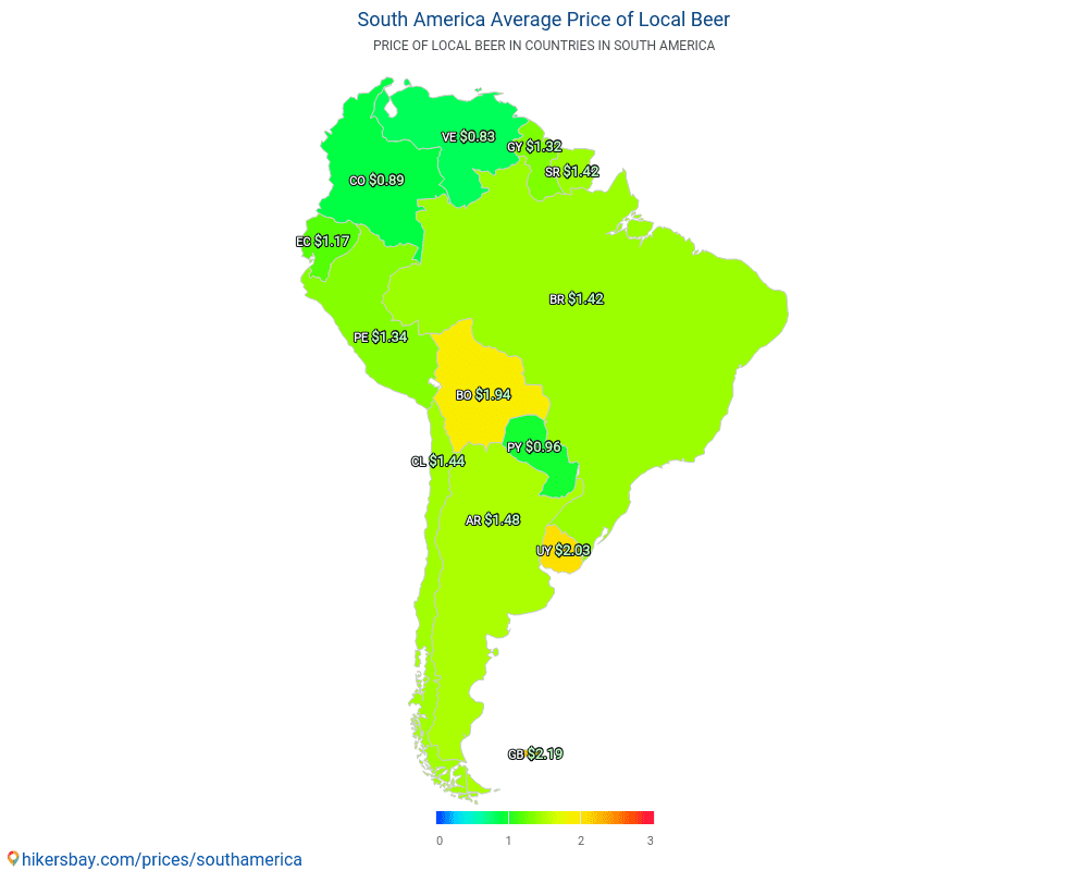 南美洲 - 啤酒在 南美洲 中的平均价格