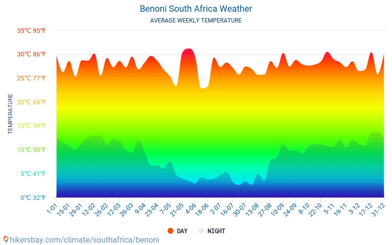 贝诺尼 - 平均每月气温和天气 2015 - 2024 平均温度在 贝诺尼 多年来。 贝诺尼, 南非 中的平均天气。 hikersbay.com