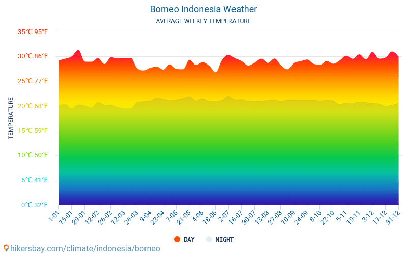 Borneo - Gemiddelde maandelijkse temperaturen en weer 2015 - 2024 Gemiddelde temperatuur in de Borneo door de jaren heen. Het gemiddelde weer in Borneo, Indonesië. hikersbay.com