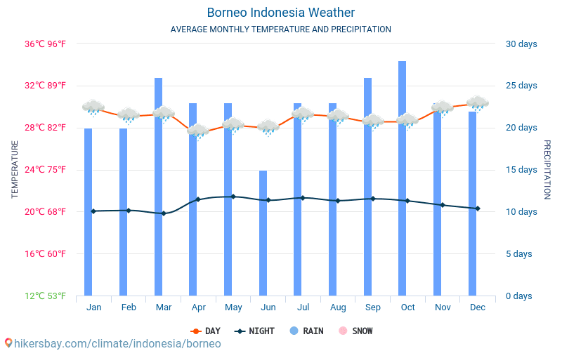 Borneo - Keskimääräiset kuukausi lämpötilat ja sää 2015 - 2024 Keskilämpötila Borneo vuoden aikana. Keskimääräinen Sää Borneo, Indonesia. hikersbay.com