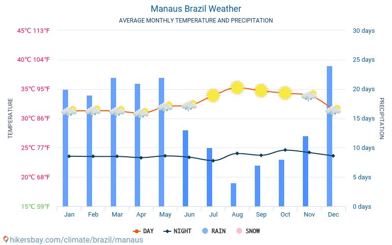 马瑙斯 - 平均每月气温和天气 2015 - 2024 平均温度在 马瑙斯 多年来。 马瑙斯, 巴西 中的平均天气。 hikersbay.com