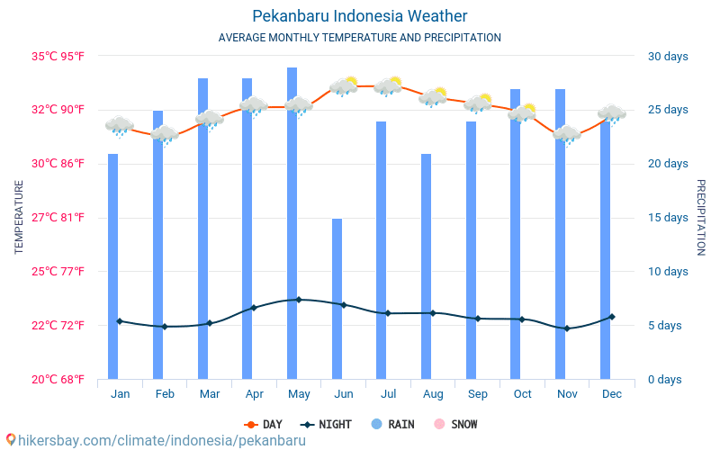 Pekanbaru - Průměrné měsíční teploty a počasí 2015 - 2024 Průměrná teplota v Pekanbaru v letech. Průměrné počasí v Pekanbaru, Indonésie. hikersbay.com