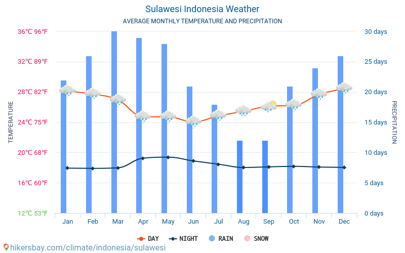 סולאווסי - ממוצעי טמפרטורות חודשיים ומזג אוויר 2015 - 2024 טמפ ממוצעות סולאווסי השנים. מזג האוויר הממוצע ב- סולאווסי, אינדונזיה. hikersbay.com