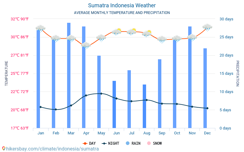 Sumatra - Średnie miesięczne temperatury i pogoda 2015 - 2024 Średnie temperatury w Sumatrze w ubiegłych latach. Historyczna średnia pogoda w Sumatrze, Indonezja. hikersbay.com