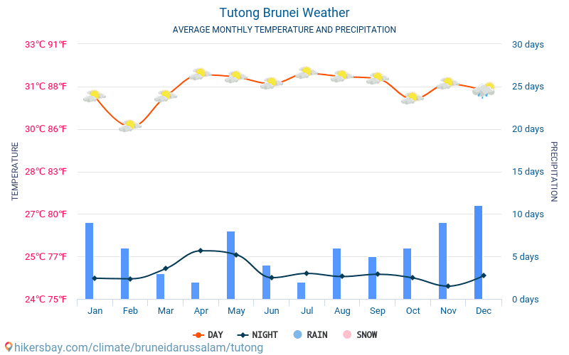 Tutong - Средните месечни температури и времето 2015 - 2024 Средната температура в Tutong през годините. Средно време в Tutong, Бруней. hikersbay.com