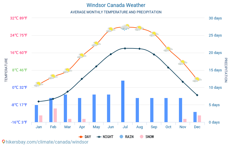 Windsor - Average Monthly temperatures and weather 2015 - 2024 Average temperature in Windsor over the years. Average Weather in Windsor, Canada. hikersbay.com