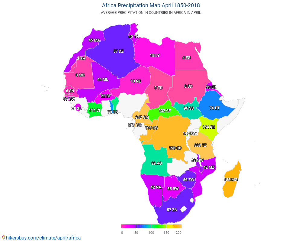 Afrika - Durchschnittliche Temperatur im Afrika im Laufe der Jahre. Durchschnittliche Wetter in April. hikersbay.com