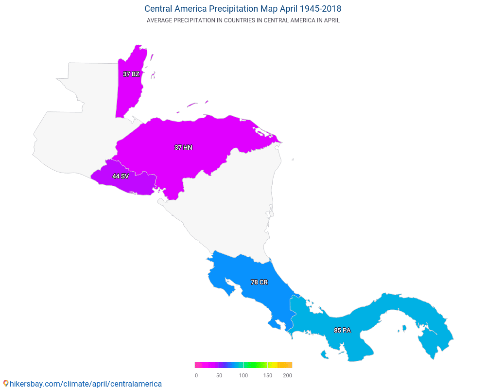 Střední Amerika - Průměrná teplota v Střední Amerika během let. Průměrné počasí v Duben. hikersbay.com