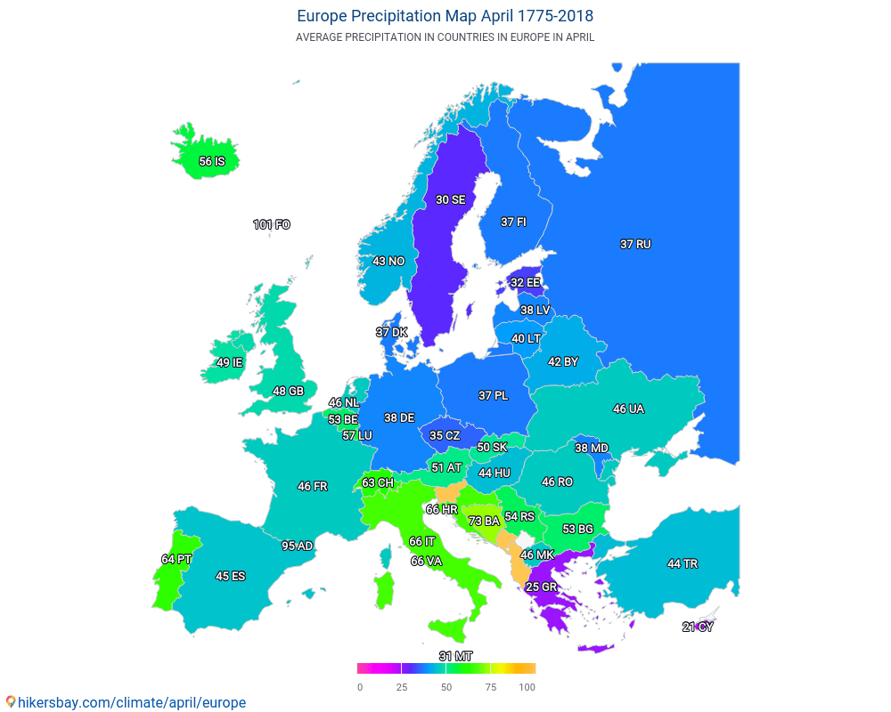 Europe - Température moyenne en Europe au fil des ans. Conditions météorologiques moyennes en avril. hikersbay.com