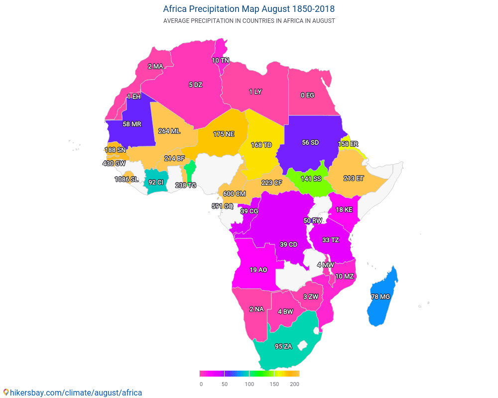Afrika - Průměrná teplota v Afrika v letech. Průměrné počasí v Srpen. hikersbay.com