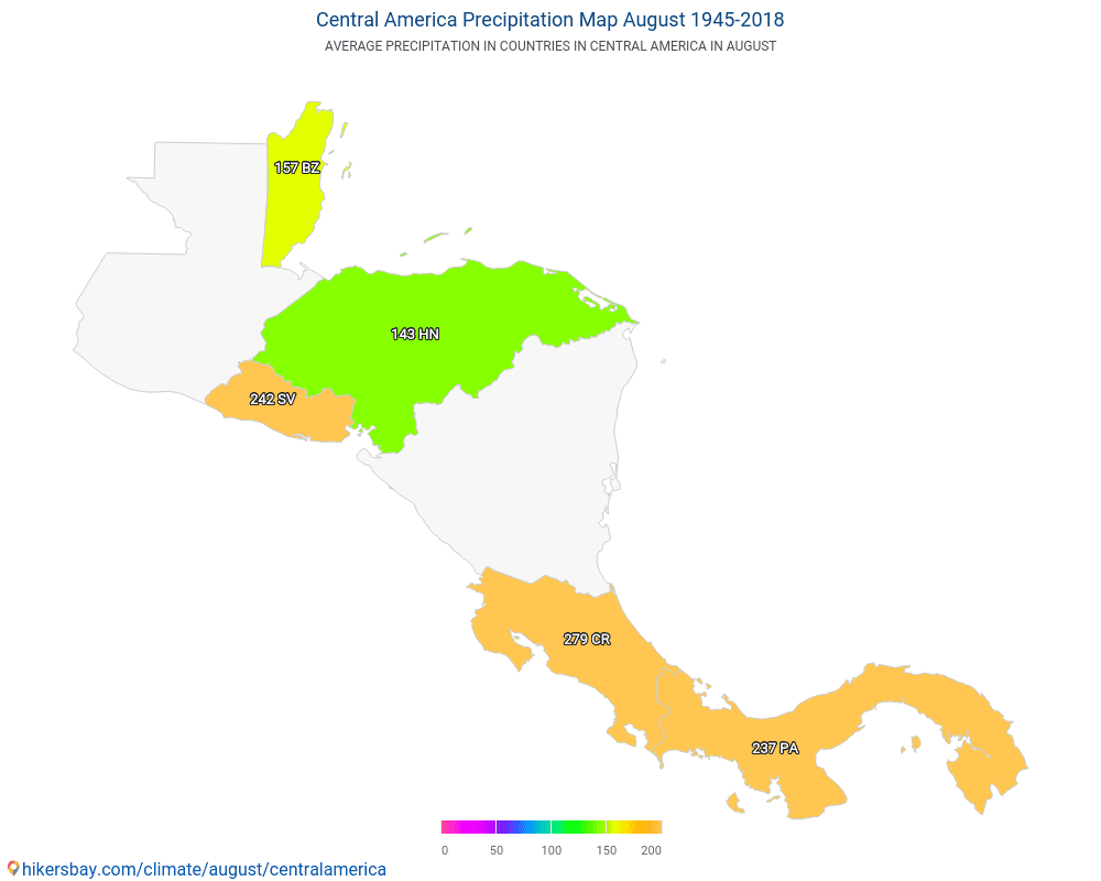 Centralamerika - Medeltemperatur i Centralamerika under åren. Genomsnittligt väder i Augusti. hikersbay.com