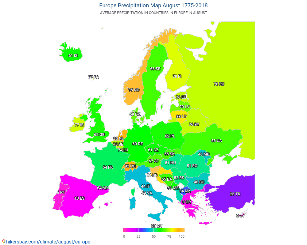 Европа - Средняя температура в Европа с годами. Средняя Погода в августе. hikersbay.com