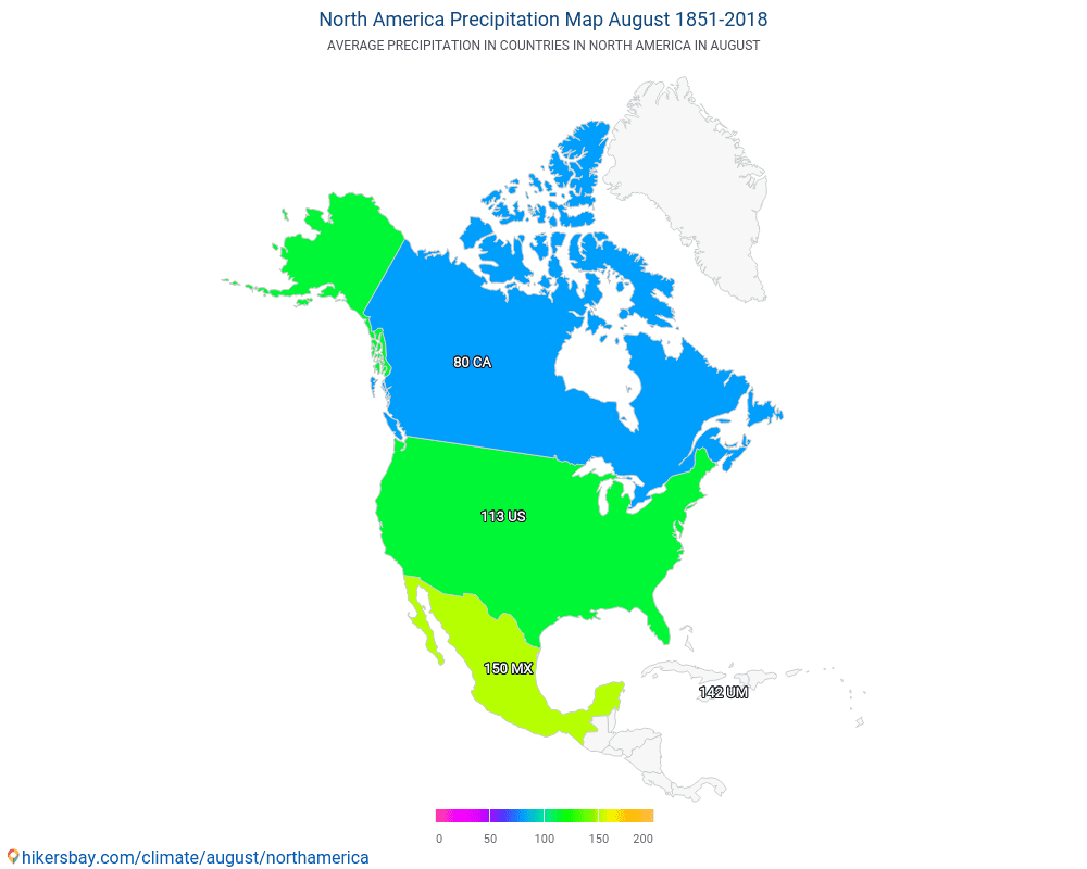 उत्तर अमेरिका - उत्तर अमेरिका में वर्षों से औसत तापमान। अगस्त में औसत मौसम। hikersbay.com
