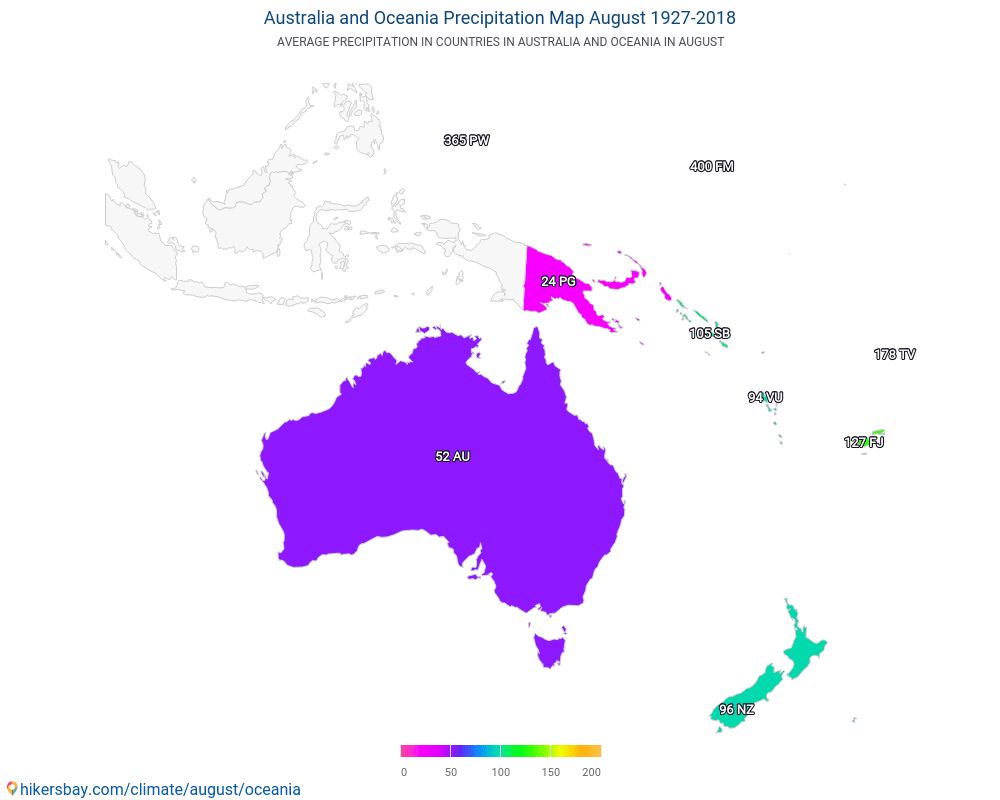 Australie et Océanie - Température moyenne à Australie et Océanie au fil des ans. Conditions météorologiques moyennes en août. hikersbay.com
