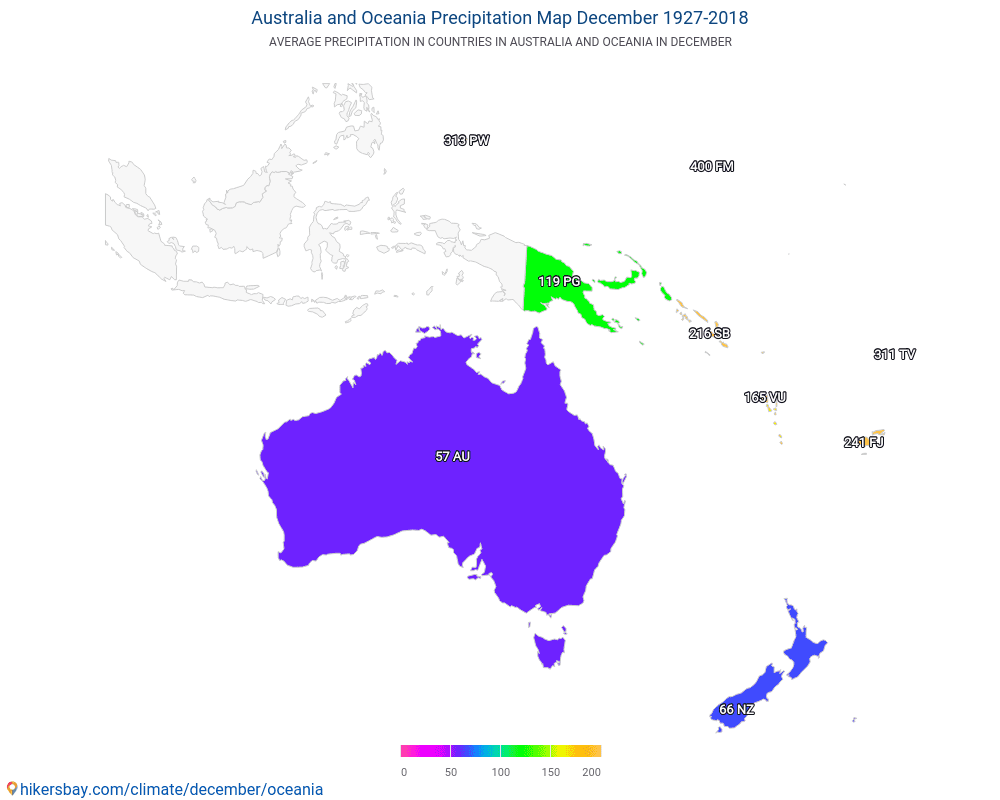 Австралия и Океания - Средна температура в Австралия и Океания през годините. Средно време в декември. hikersbay.com