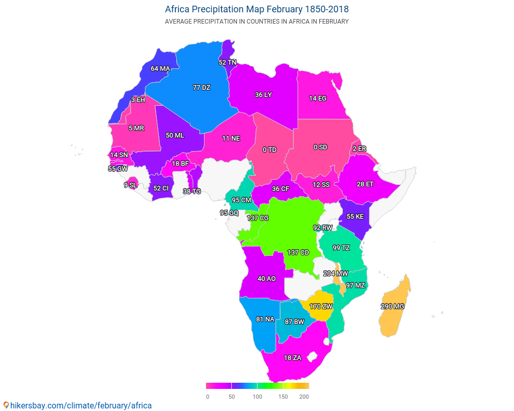 Afrika - Medeltemperaturen i Afrika under åren. Genomsnittliga vädret i Februari. hikersbay.com