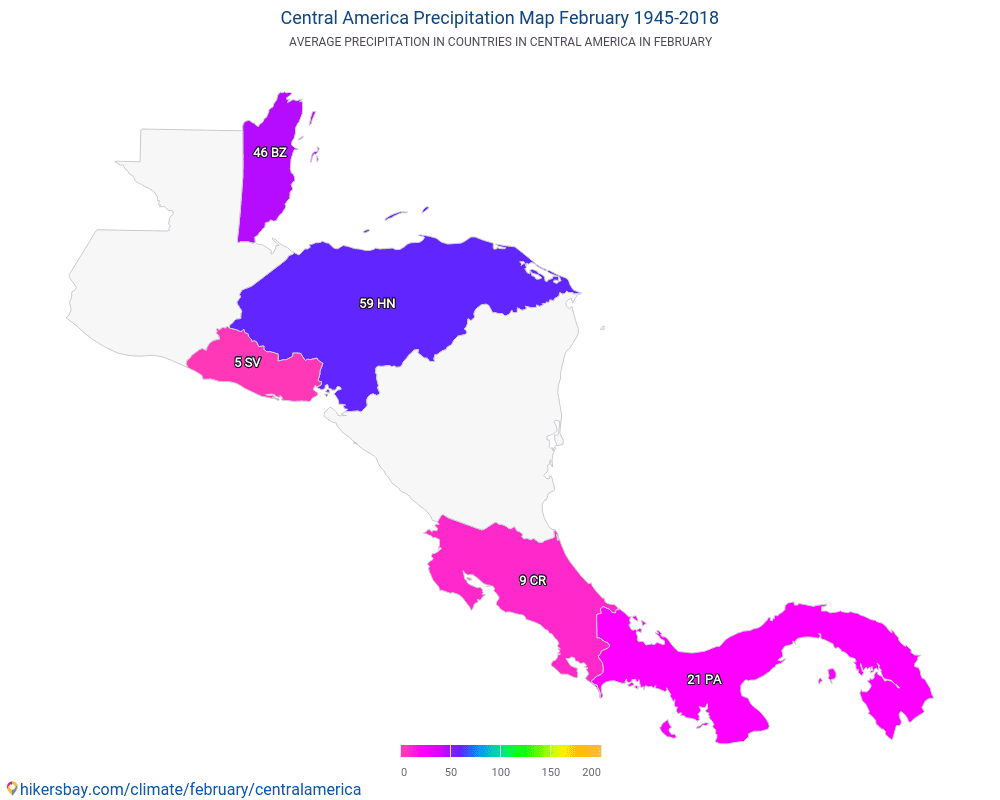 Central America - Average temperature in Central America over the years. Average weather in February. hikersbay.com