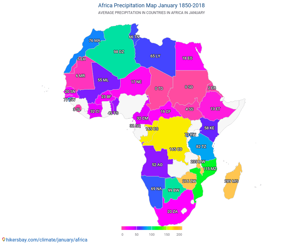 Africa - Average temperature in Africa over the years. Average weather in January. hikersbay.com