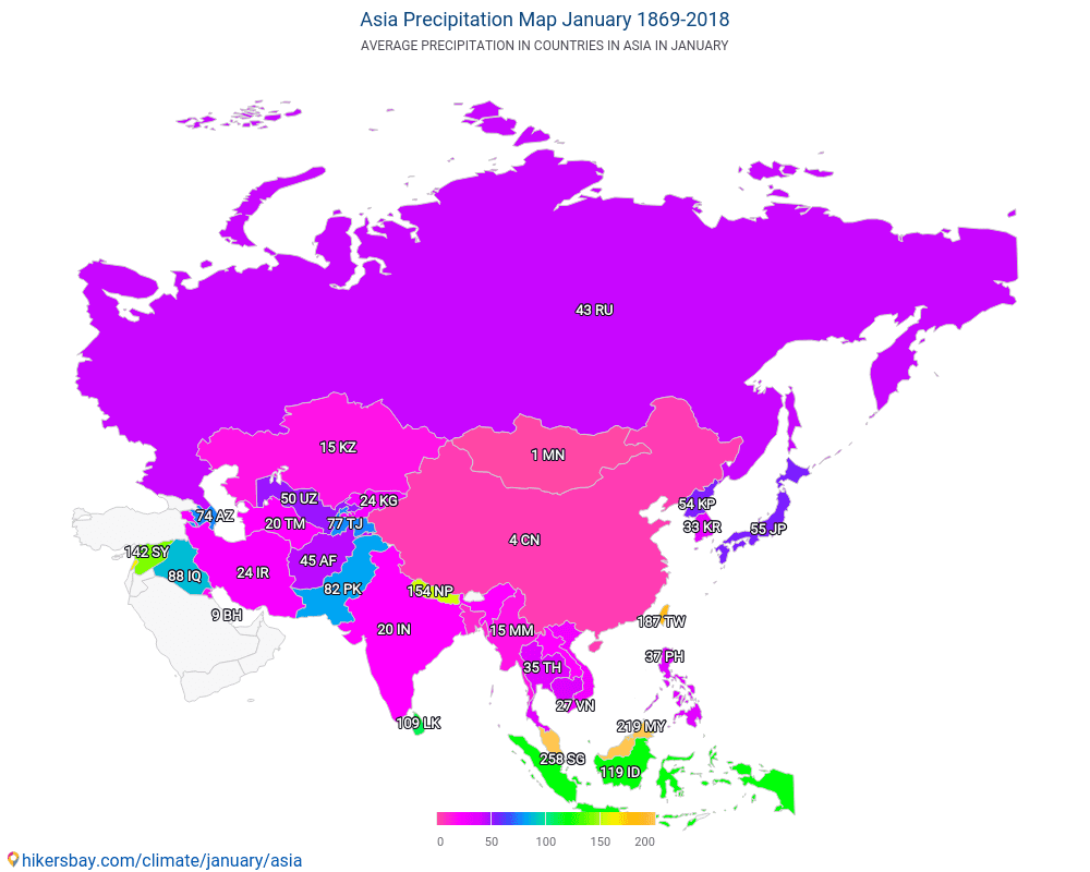 Ásia - Temperatura média em Ásia ao longo dos anos. Clima médio em Janeiro. hikersbay.com