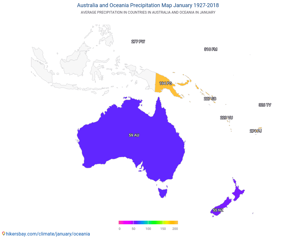 Australia og Oseania - Gjennomsnittstemperaturen i Australia og Oseania gjennom årene. Gjennomsnittlige været i Januar. hikersbay.com
