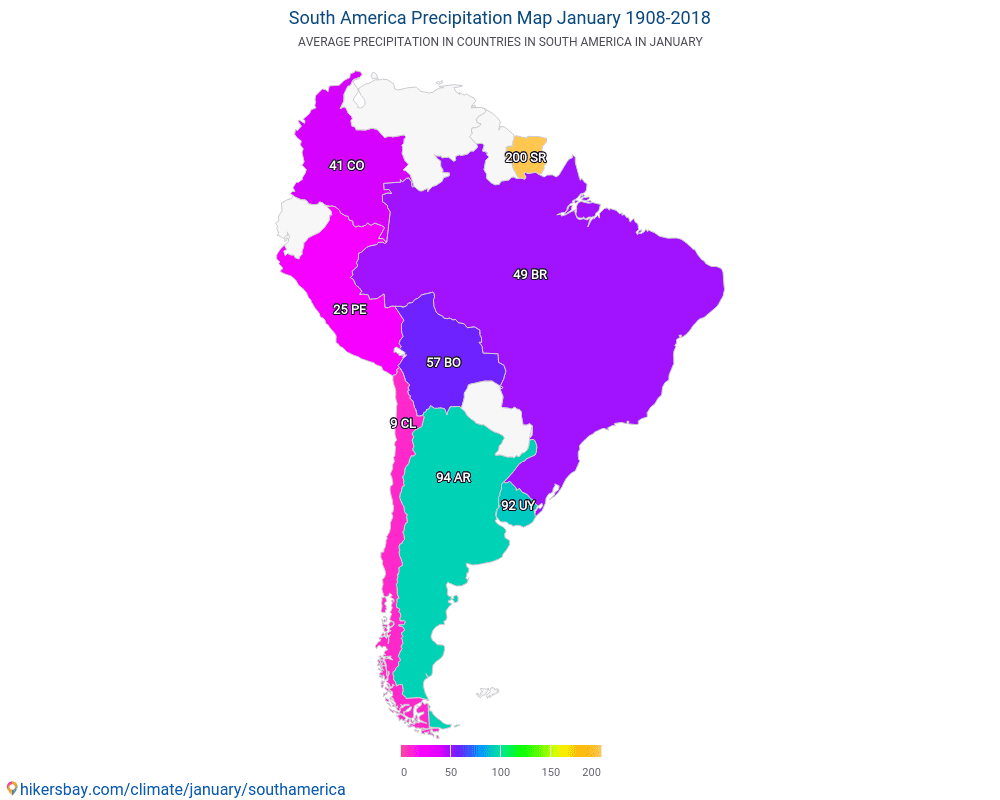 South America - Average temperature in South America over the years. Average weather in January. hikersbay.com