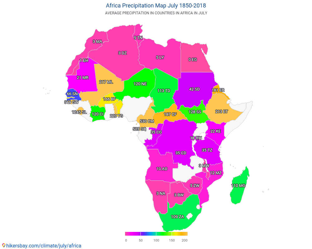 Afryka - Średnie temperatury w Afryce w ubiegłych latach. Średnia pogoda w lipcu. hikersbay.com