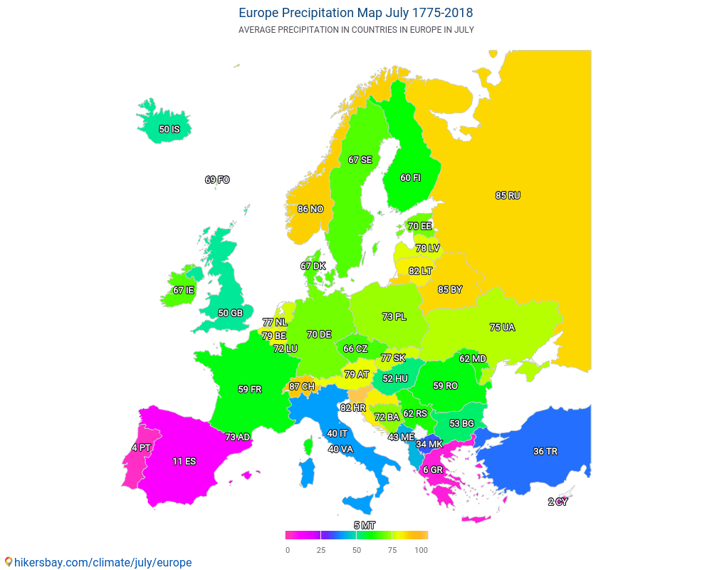 Europe - Température moyenne à Europe au fil des ans. Conditions météorologiques moyennes en juillet. hikersbay.com