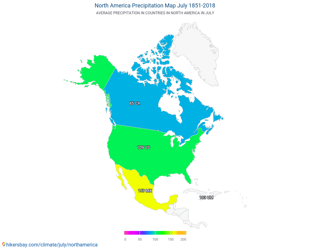 America del Nord - Temperatura media in America del Nord nel corso degli anni. Clima medio a luglio. hikersbay.com