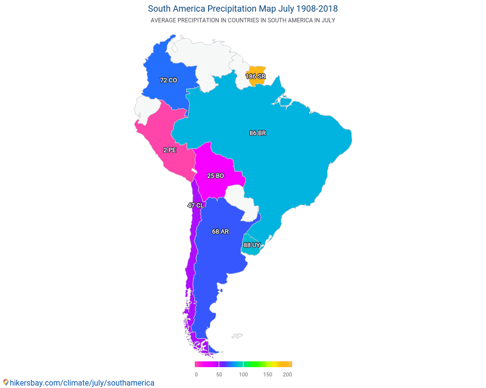 South America - Average temperature in South America over the years. Average weather in July. hikersbay.com