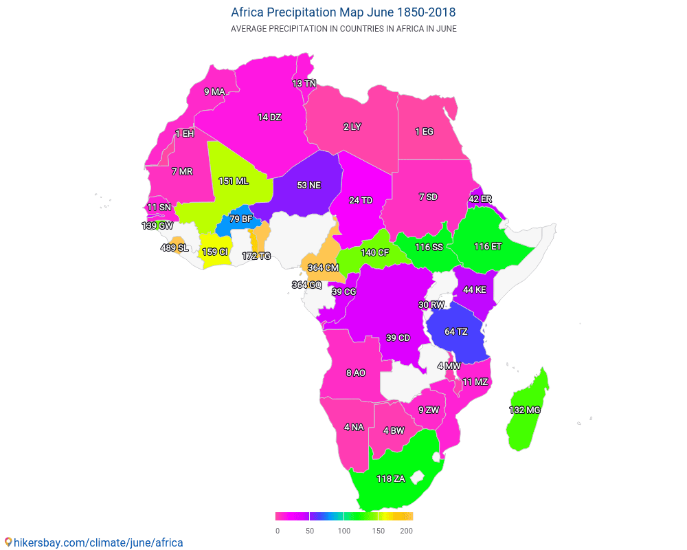 非洲 - 非洲 多年来的平均温度。 6月 的平均天气。 hikersbay.com