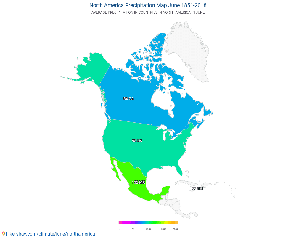 América del Norte - Temperatura media en América del Norte sobre los años. Tiempo promedio en Junio. hikersbay.com