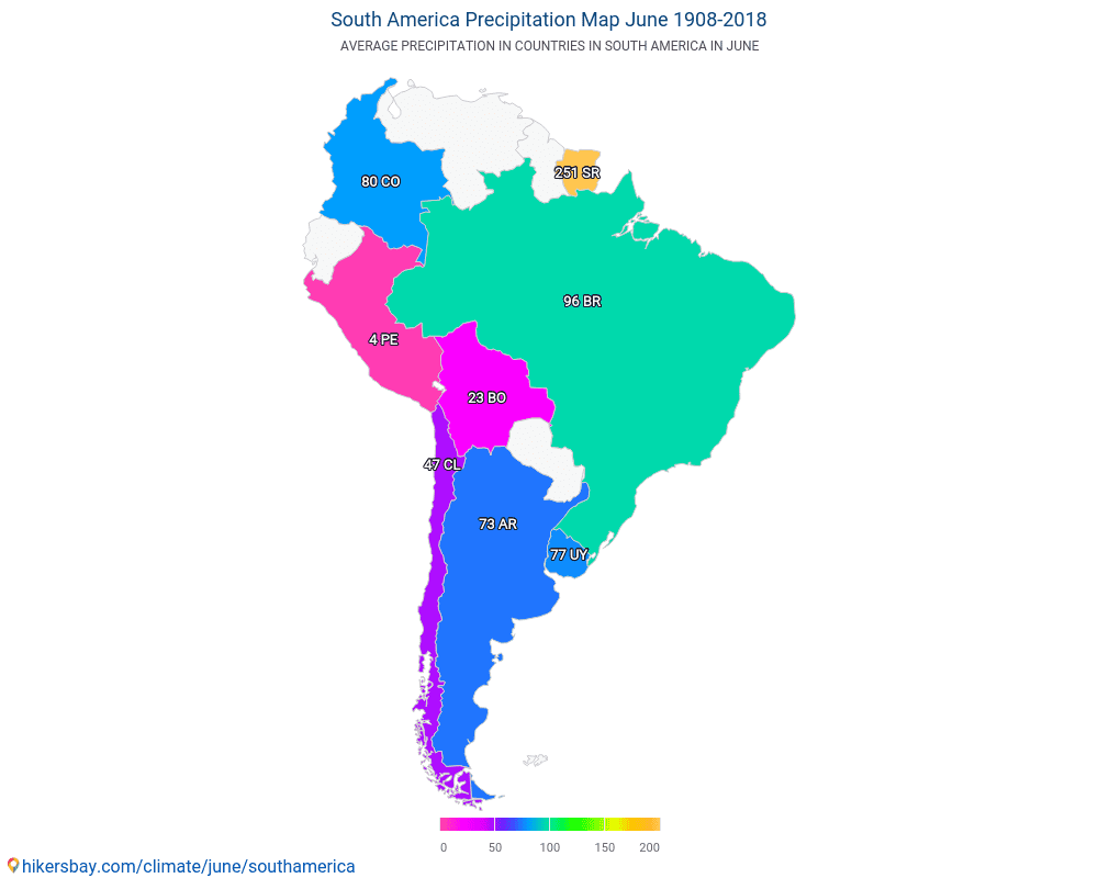 أمريكا الجنوبية - متوسط درجة الحرارة في أمريكا الجنوبية على مر السنين. متوسط الطقس في يونيه. hikersbay.com