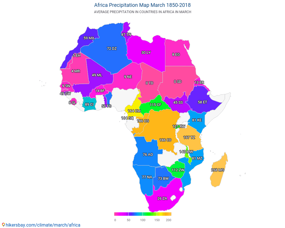 Afrika - Gemiddelde temperatuur in de Afrika door de jaren heen. Het gemiddelde weer in Maart. hikersbay.com
