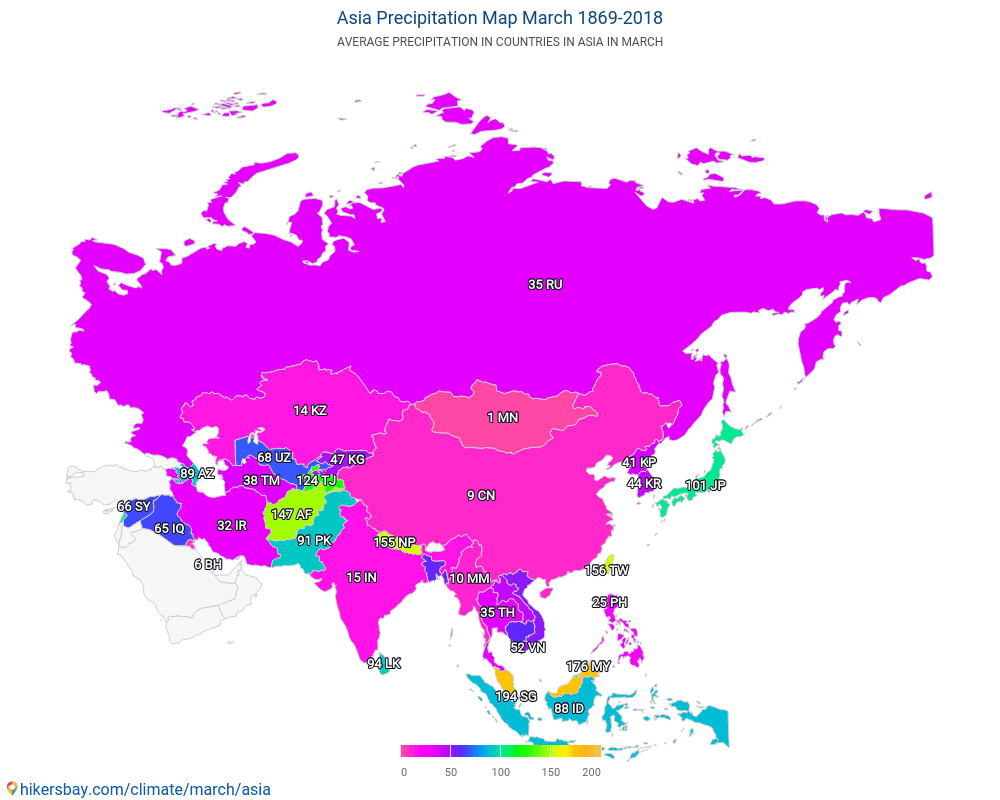 Azja - Średnie temperatury w Azji w ubiegłych latach. Średnia pogoda w marcu. hikersbay.com