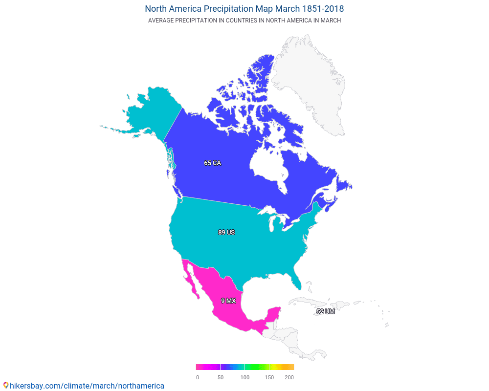 America del Nord - Temperatura media in America del Nord nel corso degli anni. Clima medio a marzo. hikersbay.com