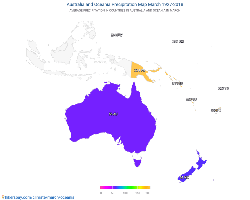 Австралия и Океания - Средна температура в Австралия и Океания през годините. Средно време в Март. hikersbay.com