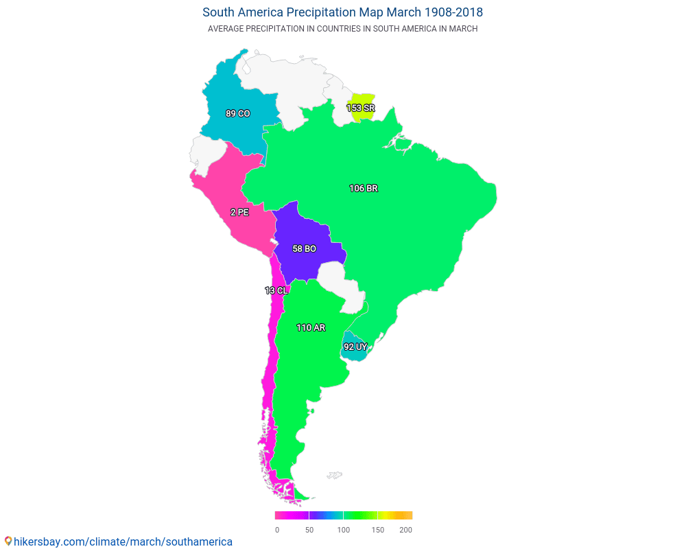 Jižní Amerika - Průměrná teplota v Jižní Amerika během let. Průměrné počasí v Březen. hikersbay.com