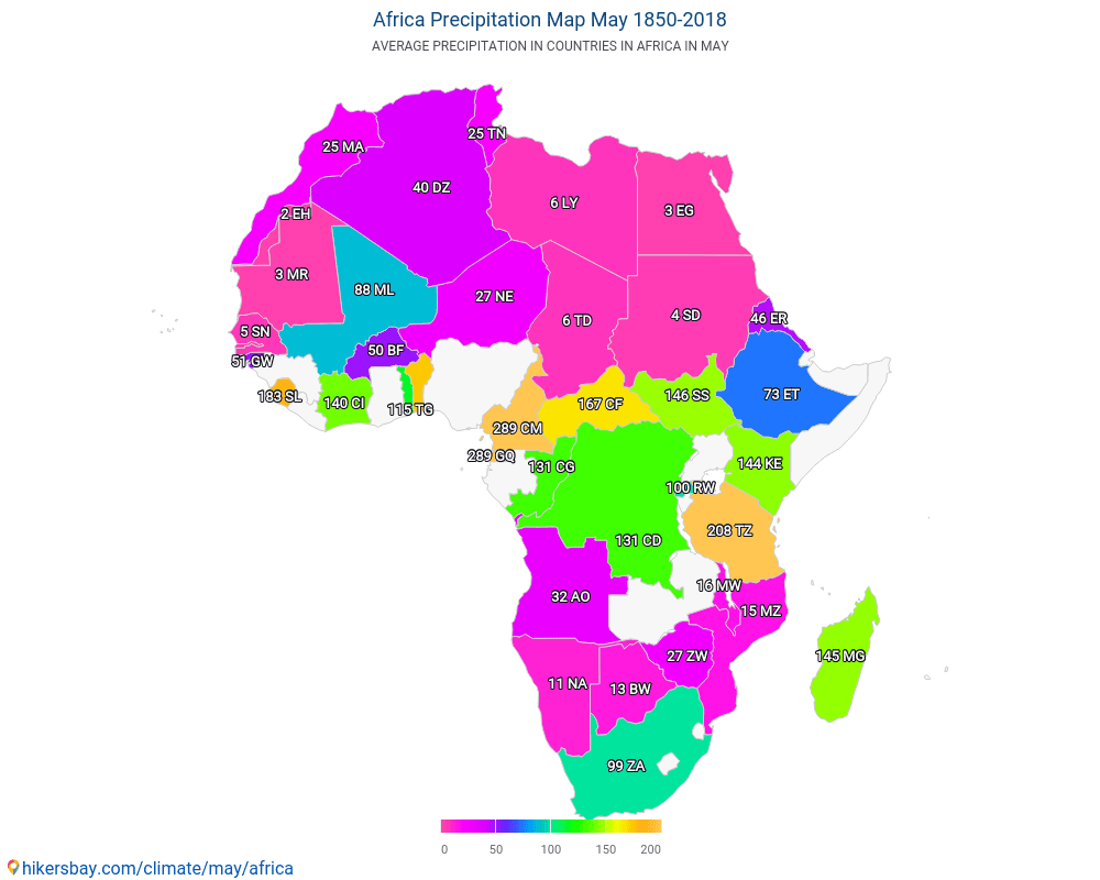 Afrika - Yıllar boyunca Afrika içinde ortalama sıcaklık. Mayıs içinde ortalama hava durumu. hikersbay.com