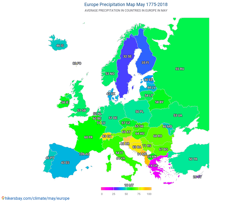 Европа - Средна температура в Европа през годините. Средно време в май. hikersbay.com