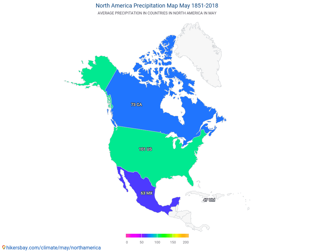 Βόρεια Αμερική - Μέση θερμοκρασία στο Βόρεια Αμερική τα τελευταία χρόνια. Μέση καιρού Μάιος. hikersbay.com