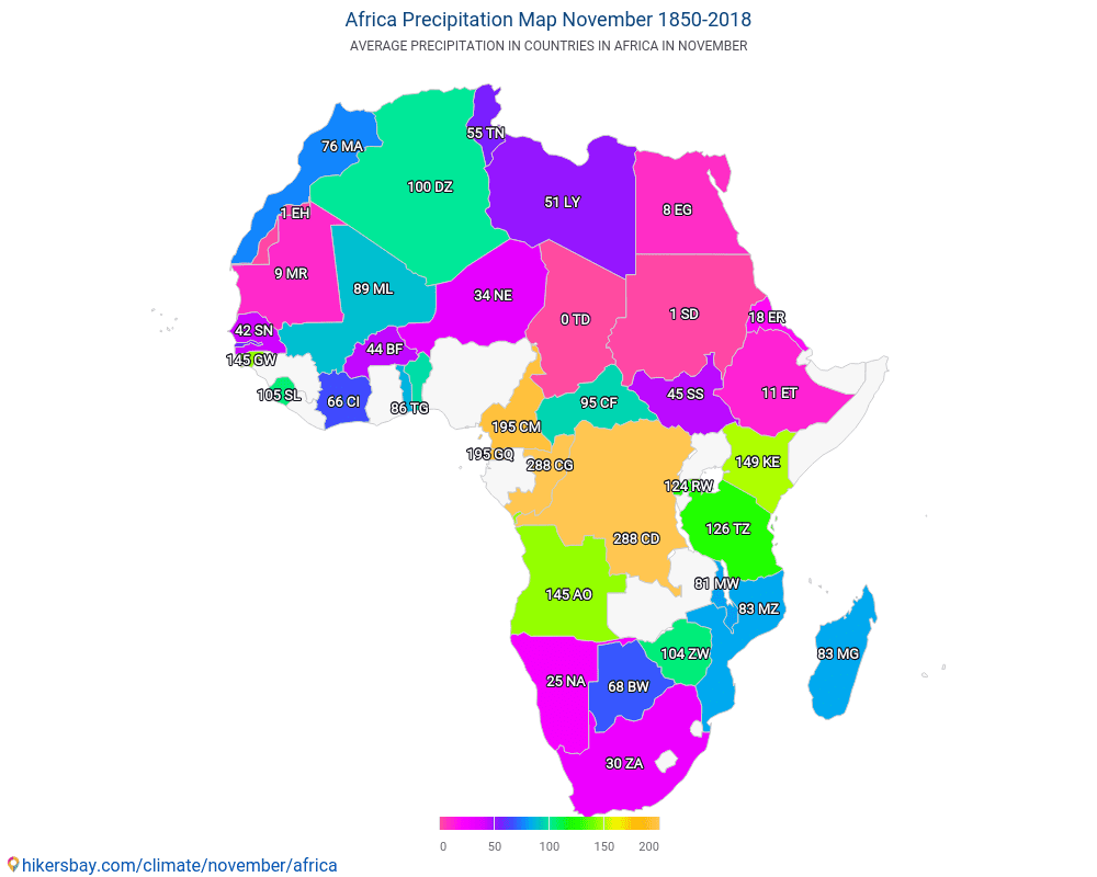 Αφρική - Μέση θερμοκρασία στην Αφρική τα τελευταία χρόνια. Μέσος καιρός στο Νοεμβρίου. hikersbay.com
