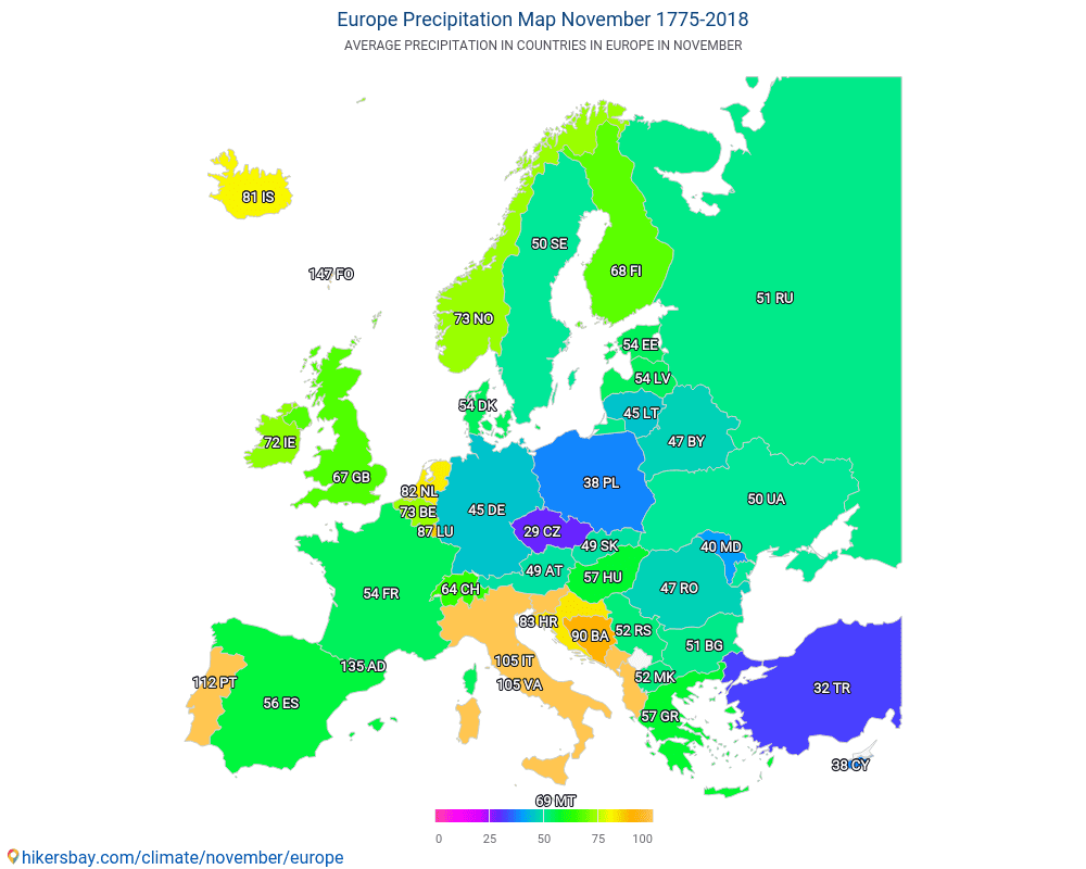 Europa - Gjennomsnittstemperatur i Europa gjennom årene. Gjennomsnittlig vær i November. hikersbay.com